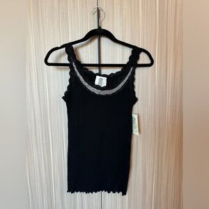 NWOT Black Ribbed Lace Tank with Silver Jeweled Bib and lettuce hem